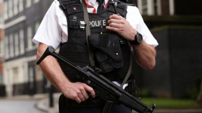 Armed UK police officer with automatic rifle