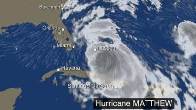 BBC Weather satellite showing Hurricane Matthew across the Bahamas