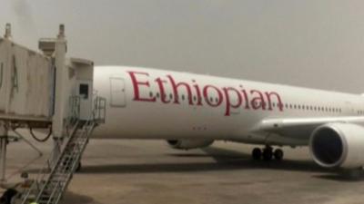 An Ethiopian airlines plane lands at the reopened Abuja airport