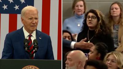 US President Joe Biden and protester at North Carolina rally