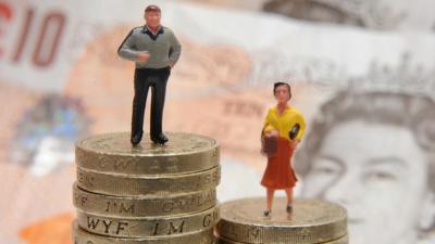 Male and female figurines on top of pound coins