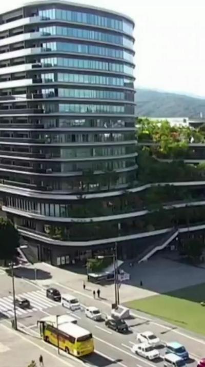 Glass windows of a skyscraper with trees visible behind.