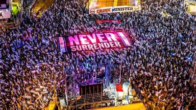 An aerial view shows people protesting in Tel Aviv