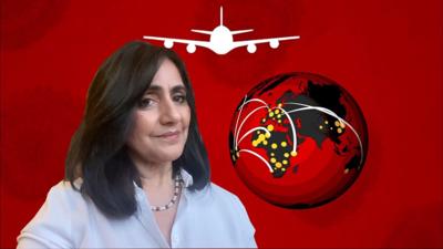 Shabnam Mahmood in front of a graphic of a plane and globe