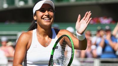 Heather Watson celebrates her first round victory over Caroline Garcia at Wimbledon