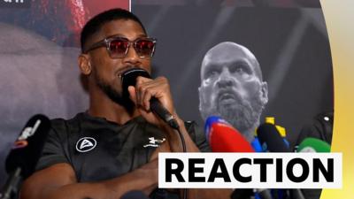 Anthony Joshua reacts to beating Finland's Robert Helenius