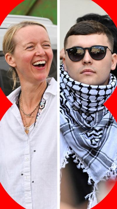 Emily Eavis wearing a white shirt, waving and smiling, and the band Kneecap, wearing Palestinian scarves and sunglasses.