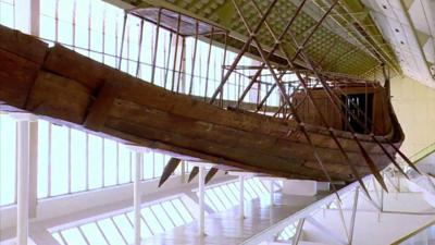 A restored boat that was one of a pair buried in pits next to Pharaoh Khufu final resting place