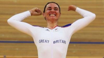 Dame Sarah Storey celebrating gold success in the cycling