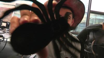 Ricky holding a massive plastic spider