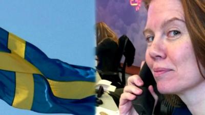 A Swedish flag (l) and Nuala McGovern(r) on the phone