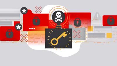 Ransomware graphic showing a key symbol and a skull and cross bones