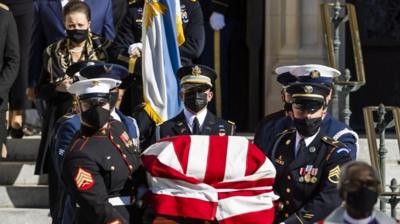 Alma Powell, widow of former secretary of state Colin Powell, watches his casket