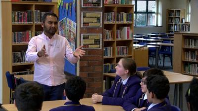 Media editor Amol Rajan talks to Year 8 and 9 pupils Milton Keynes, in a school library