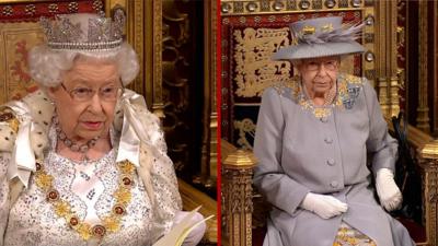 Queen in robes in 2019 and the Queen in day dress in 2021