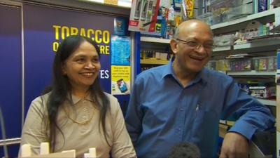 Shopkeeper Natu Patel and his wife