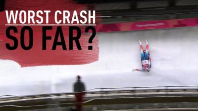 Emily Sweeney of the USA suffers a huge crash in the women's singles Luge competition