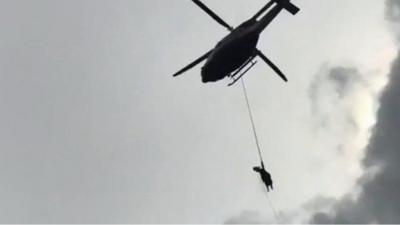 Cow carried by helicopter