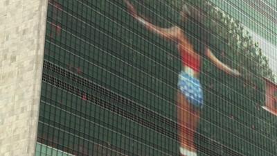 Wonder Woman video plays on side of UN building