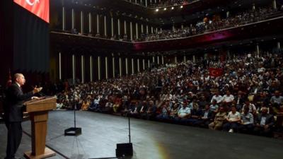 Turkey President Recep Tayyip Erdogan gives a speech at an event remembering those killed and wounded during the failed coup