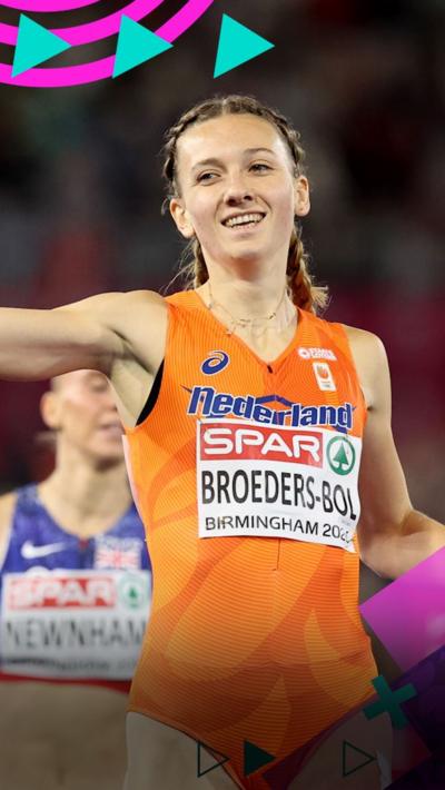 Femke Broeders-Bol smiles at the crowd after winning the women's 4x400m final in the European Athletics Championships.