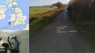 A composite graphic of a man cycling on an exercise bike, a map of the UK and Google Street View