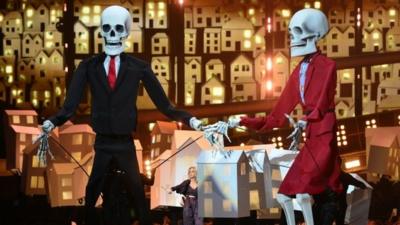 Puppets as Katy Perry performs on stage at the Brit Awards at the O2 Arena