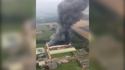 Ariel view of the fire at an industrial unit on Forest Lane, in Walesby, Nottinghamshire, by helicopter pilot James Day