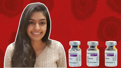 Dr Archana Sasitharan in front of a red background with images of the AstraZeneca vaccine in the foreground