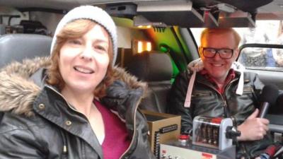 Lynn Bowles and Chris Evans in car