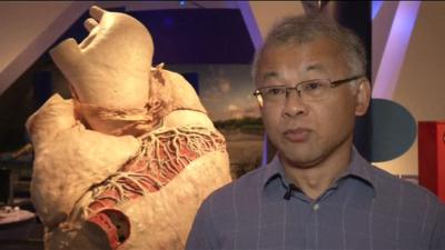 Burton Lim stands in front of the whale heart at Royal Ontario Museum