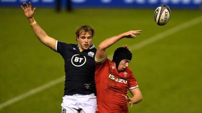 Wales lock Adam Beard wins a line-out against Scotland