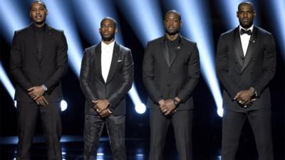 NBA basketball players Carmelo Anthony, from left, Chris Paul, Dwyane Wade and LeBron James speak on stage at the ESPY Awards at the Microsoft Theater on Wednesday, 13 July 2016, in Los Angeles.