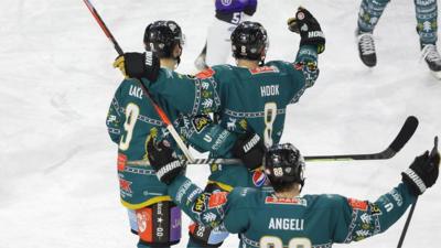 Belfast Giants celebrate their win over Glasgow Clan