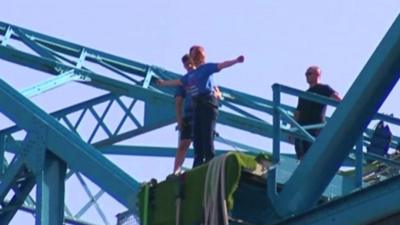 Caroline Stewart about to jump from the Tees Transporter Bridge