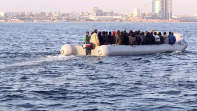 A raft off the coast of Libya carrying migrants trying to reach Europe