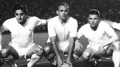 Real Madrid Legend Alfredo Di Stefano (centre) pictured alongside Jose Hector Rial Laguia and Ferenc Puskas.