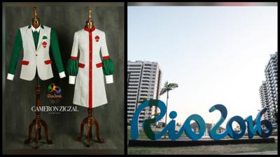 A split photo of the last designs for Iran's Olympics uniforms next to a Rio 2016 logo sculpture