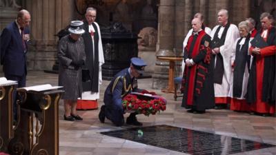 Laying of a wreath on the Grave of the Unknown Warrior at Westminster Abbey