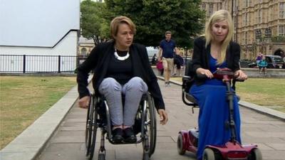 Baroness Tanni -Grey Thompson (L) speaks to BBC's Nikki Fox