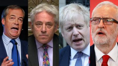 Nigel Farage, Johns Bercow, Boris Johnson, Jeremy Corbyn