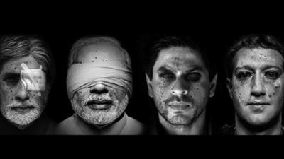The faces of Mark Zuckerberg, Narendra Modi and two Indian celebrities are shown with photoshopped pellet gun injuries, in black and white