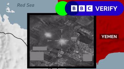 Graphic map of Red Sea and Yemen with aerial footage of strike