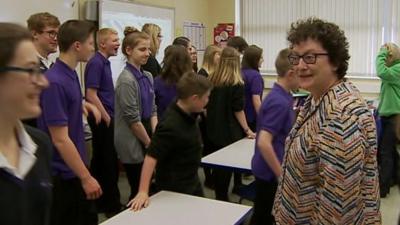 Elin Jones and pupils at her old school