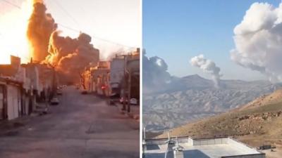 Split screen with two images showing explosions in distance in Iran
