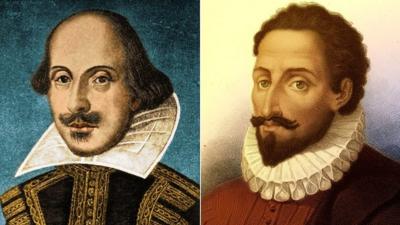 Illustrations of William Shakespeare (L) and Miguel de Cervantes