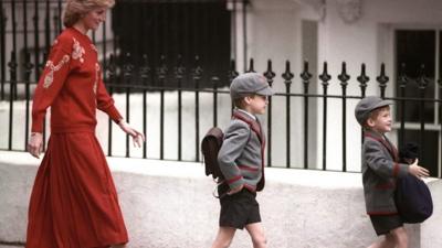 Princess Diana walking with a young William and Harry