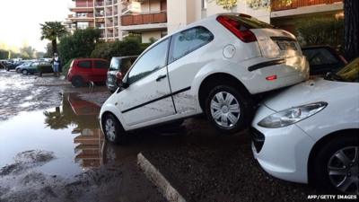 Damaged cars during floods in Mandelieu-la-Napoule, southeastern France.