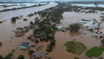 Aerial view shows damage and floods after a cyclone hit Rio Grande do Sul state, Brazil