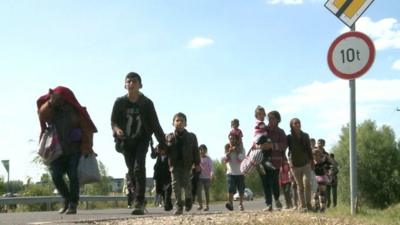 Migrants walking along Serbia-Hungary border